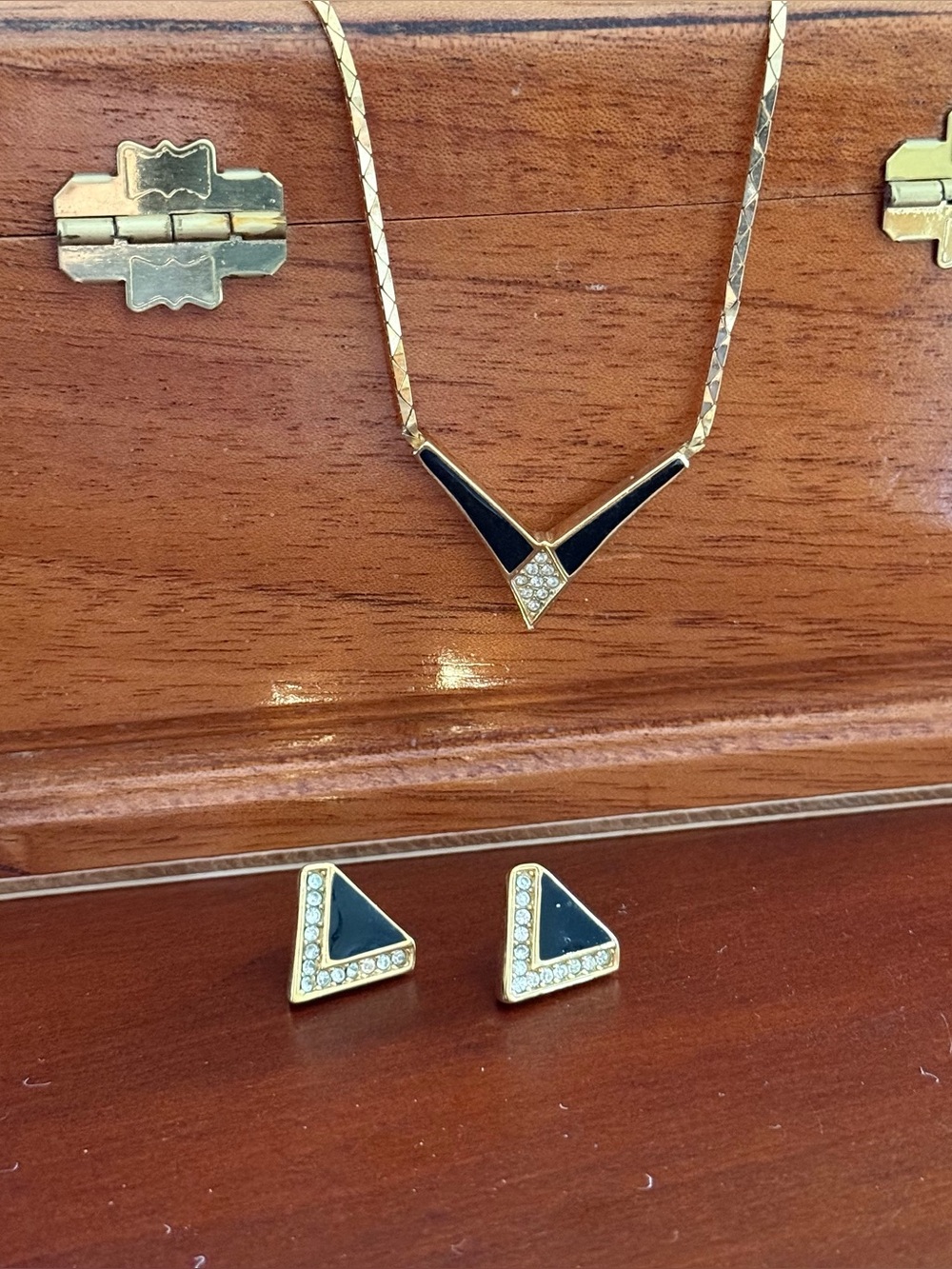 Vintage Christian Dior V-Shaped Pavé Black Enamel Earrings & Necklace Gold Set